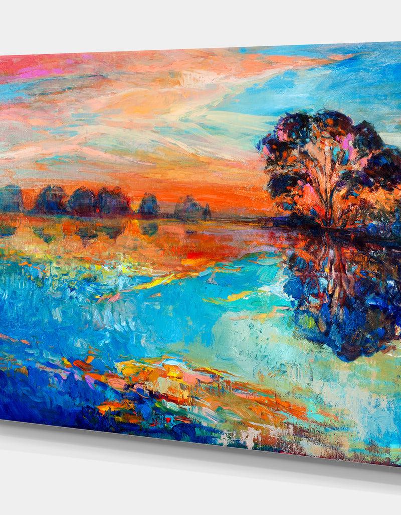 Designq Lake And Tree - Landscapes Painting Print On Wrapped Canvas
