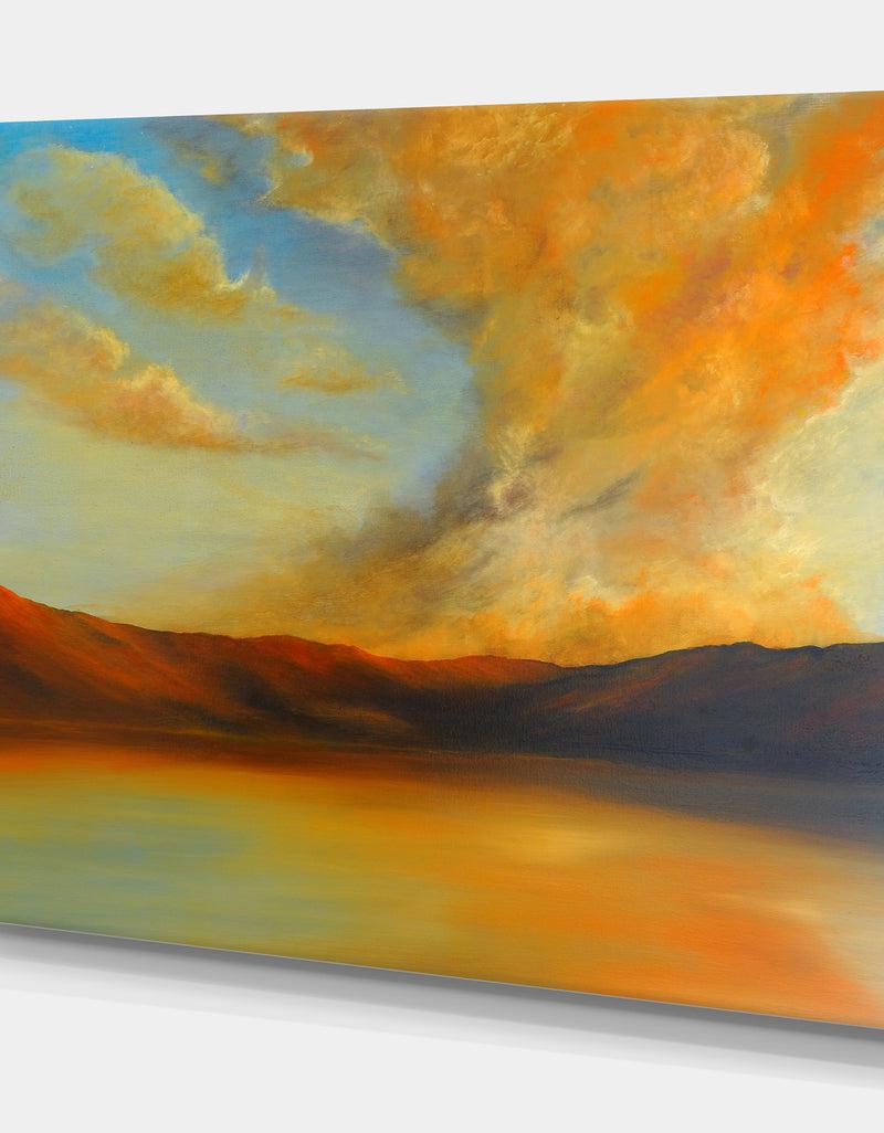 Designq Lake In Sunset View - Landscapes Painting Print On Wrapped Canvas