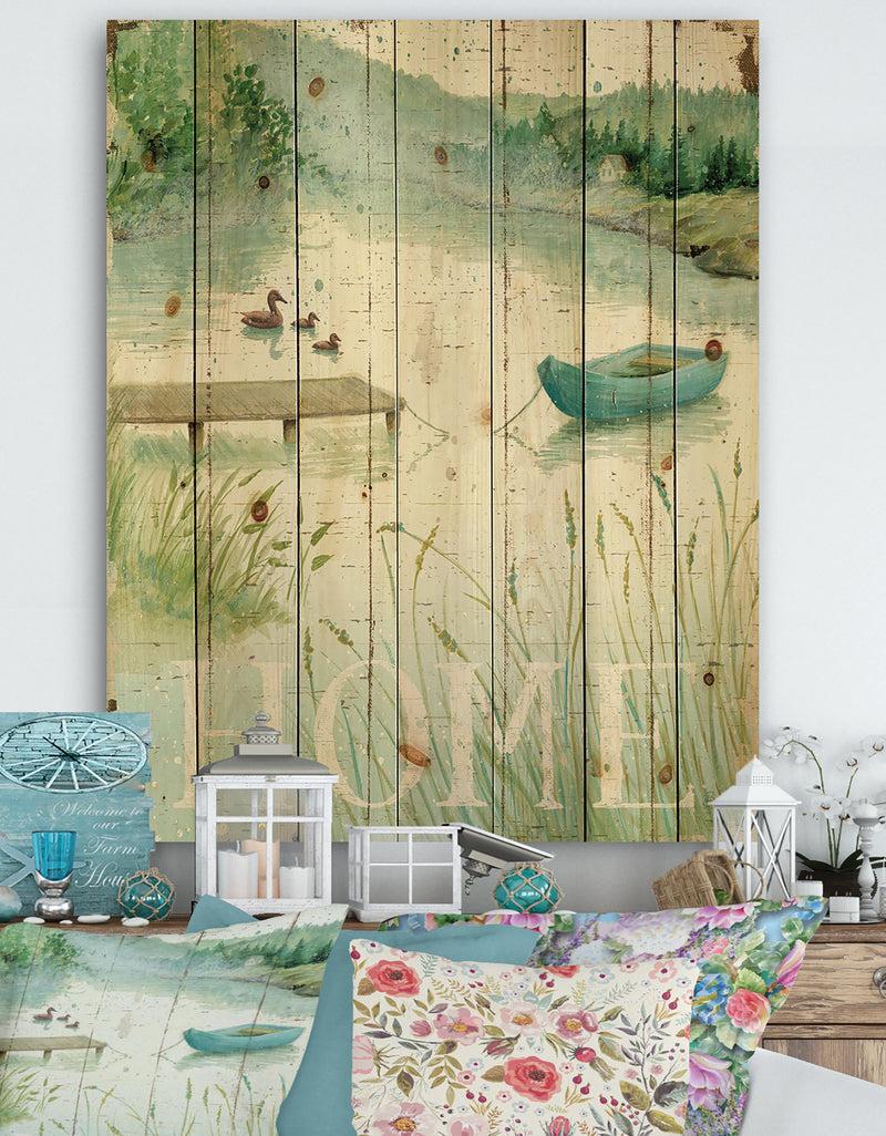 designq Lakeside Boats Welcome Home - Lake House Print on Natural Pine Wood