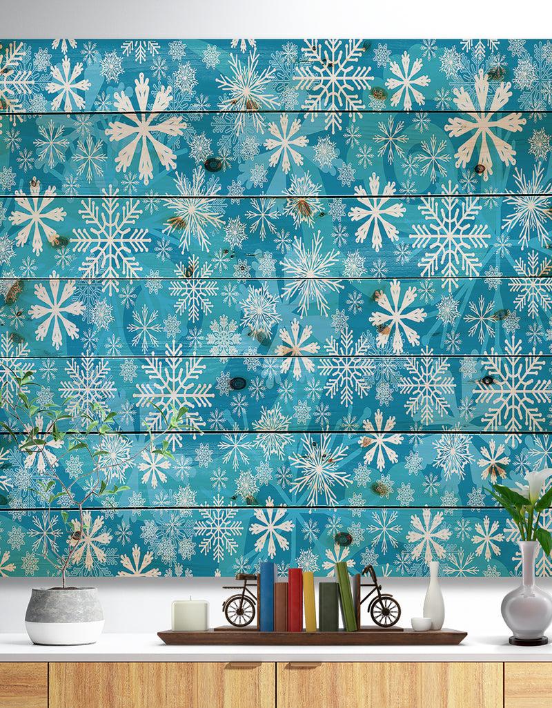 designq Light Blue Snow Crystal Pattern - Print on Natural Pine Wood