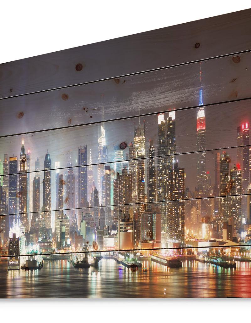 Designq Lit NYC Manhattan Skyline - Cityscape Photo Print On Natural Pine Wood