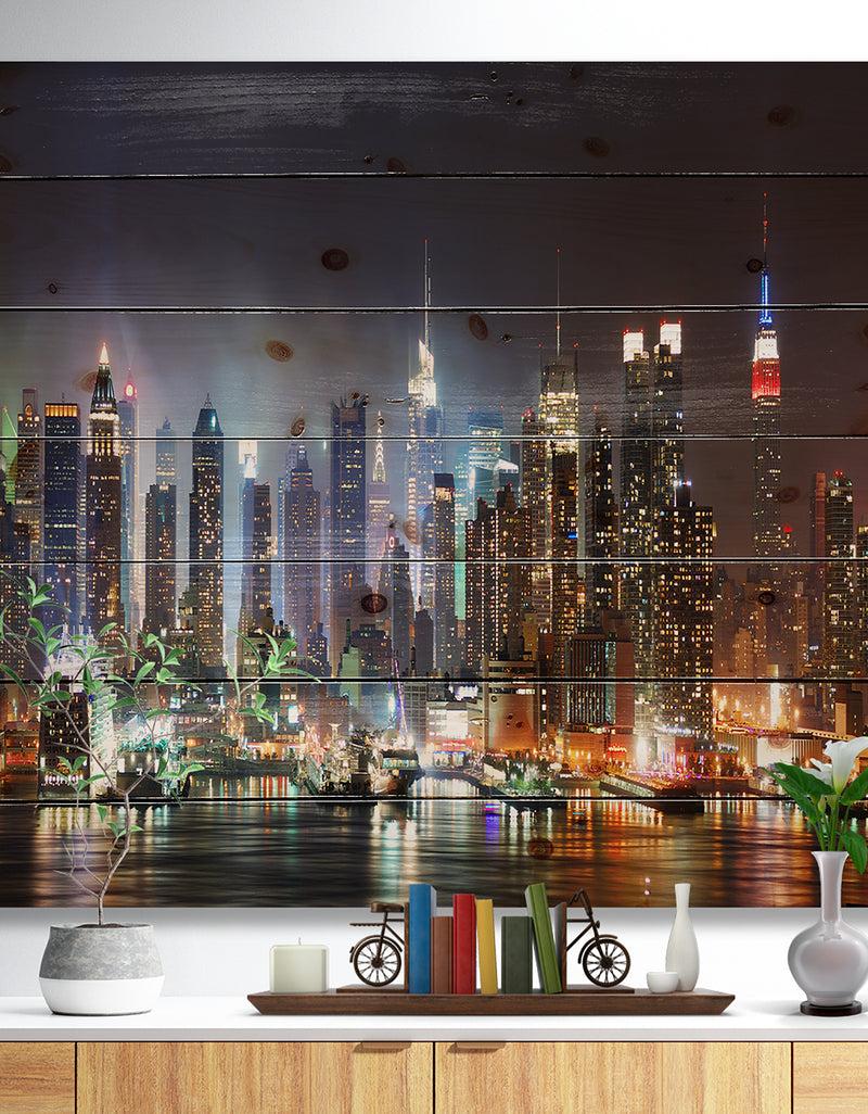 designq Lit NYC Manhattan Skyline - Cityscape Photo Print on Natural Pine Wood