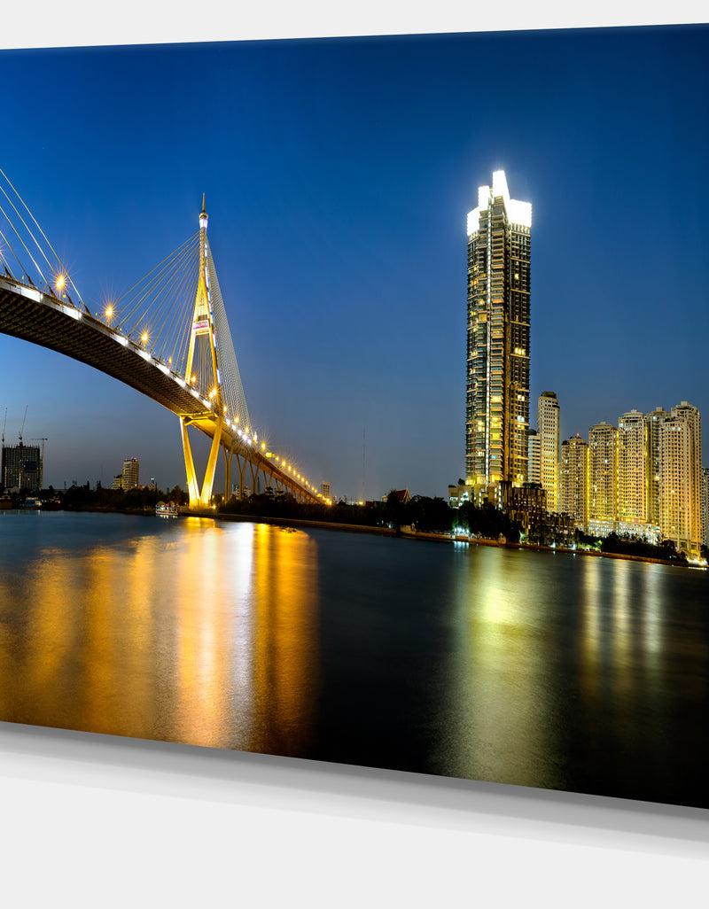 Designq Lit-up Bhumibol Bridge At Dusk - Cityscape Artwork Canvas