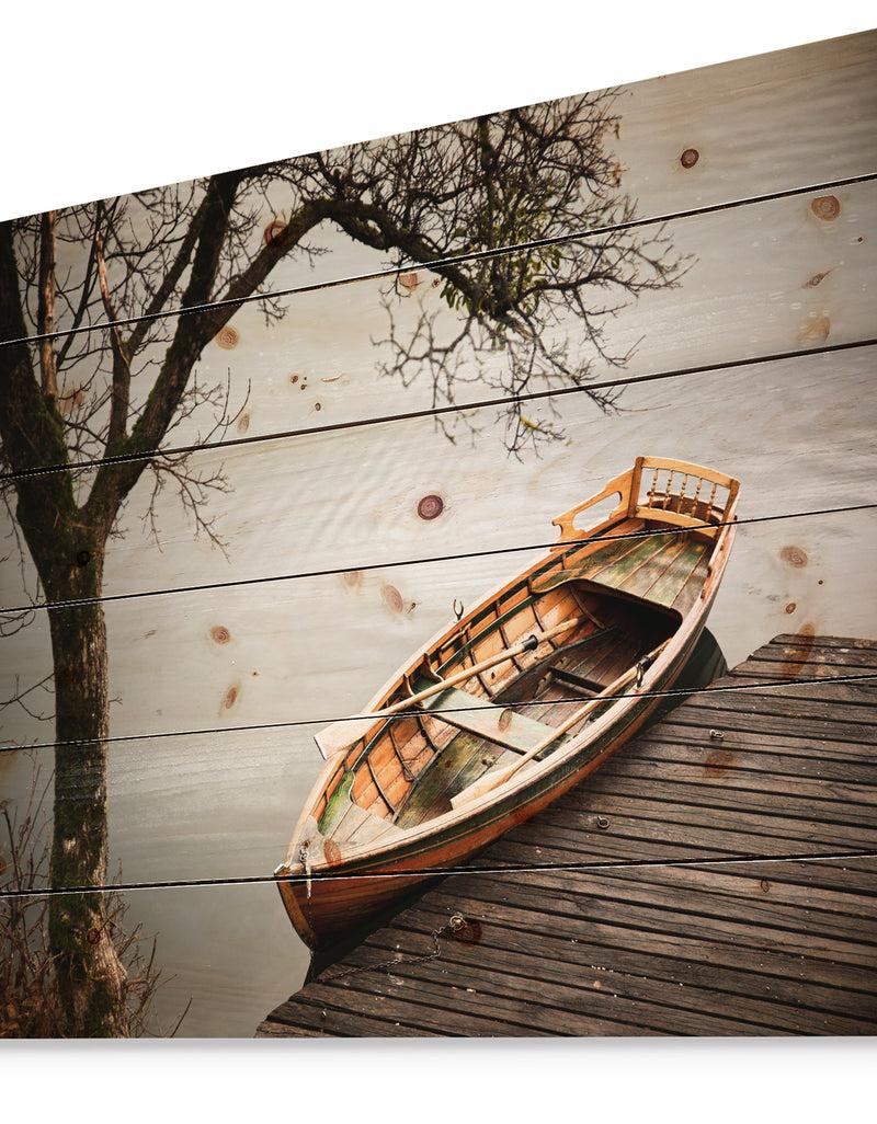 Designq Little Rowing Boat Ferry - Boat Print On Natural Pine Wood