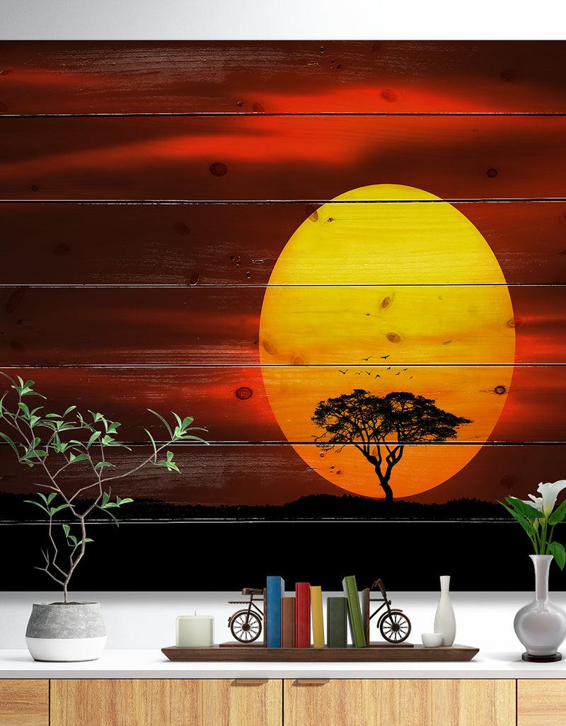 designq Lonely Tree with Birds at Sunset - Landscape Print on Natural Pine Wood