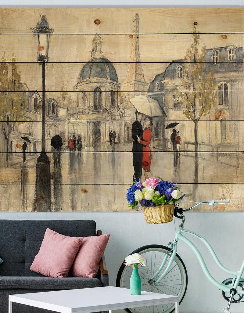 designq Love in Paris I - Romantic French Country Print on Natural Pine Wood