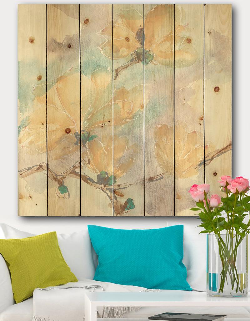 designq Magnolias in White II - Cabin & Lodge Print on Natural Pine Wood