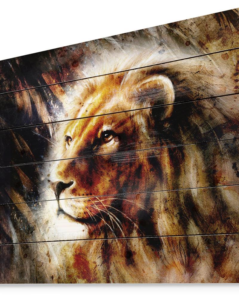Designq Majestically Peaceful Lion - Animal Art Print On Natural Pine Wood