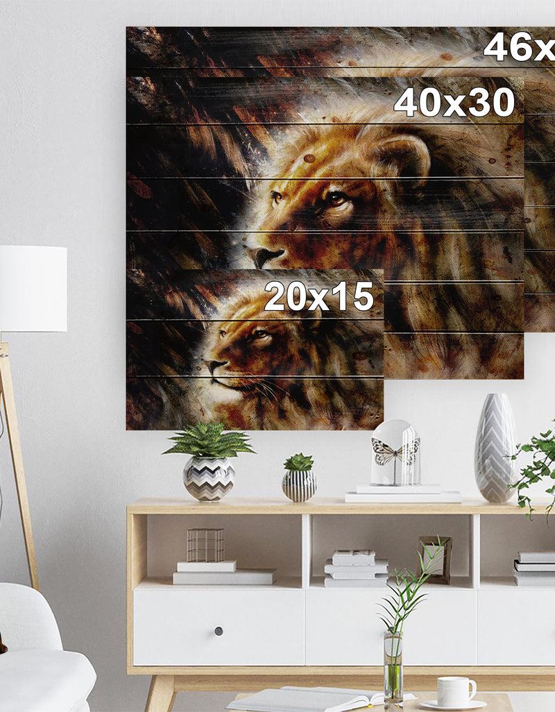 Designq Majestically Peaceful Lion - Animal Art Print On Natural Pine Wood