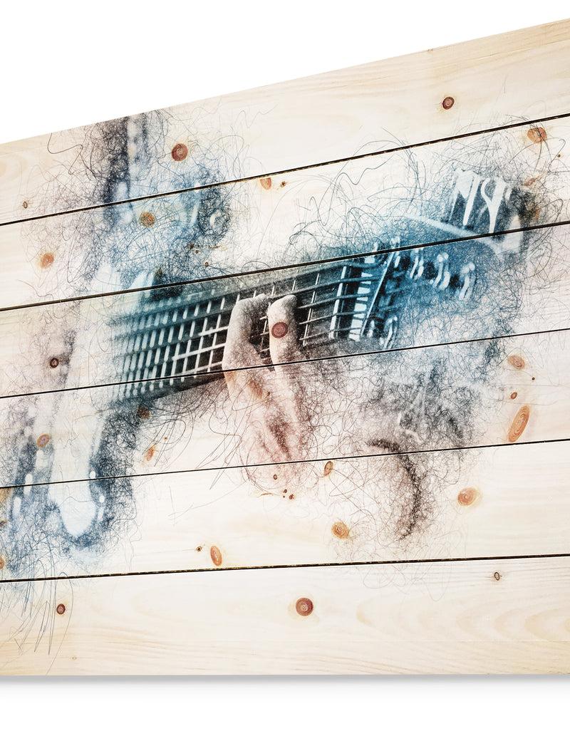 Designq Man Playing A Guitar Watercolor - Contemporary Print On Natural Pine Wood