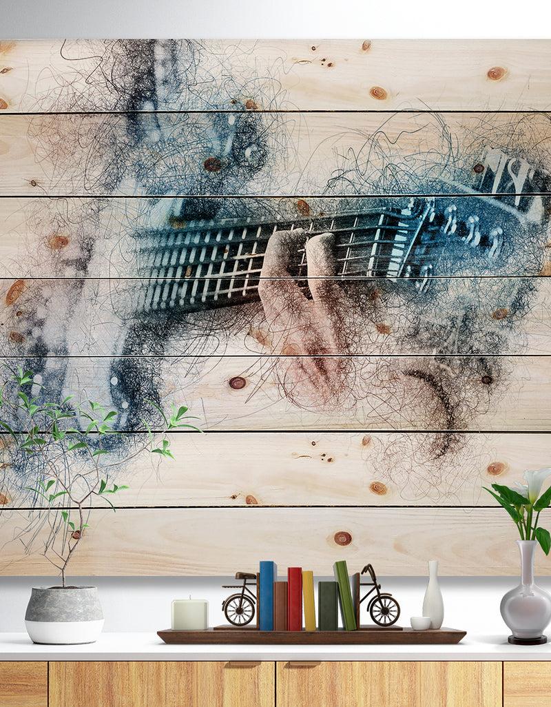 designq Man Playing A Guitar Watercolor - Contemporary Print on Natural Pine Wood