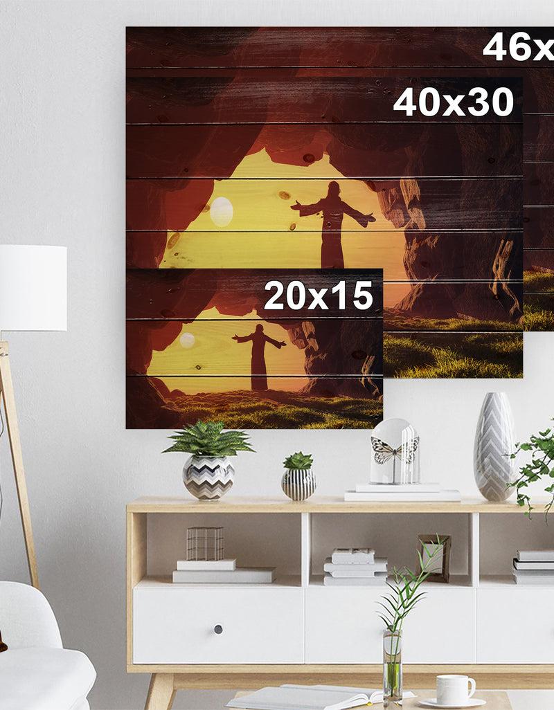 Designq Man Praying In Cave Under Sunset - Religious Contemporary Print On Natural Pine Wood