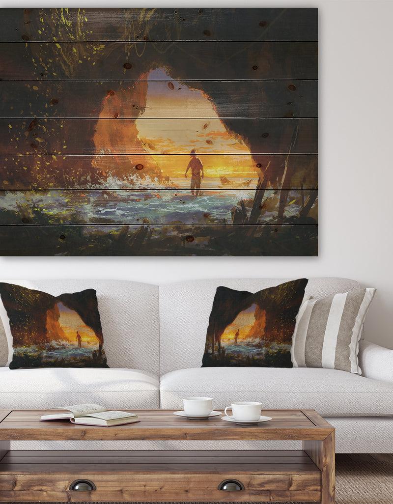 designq Man Walking in the Cave - Sea & Shore Print on Natural Pine Wood