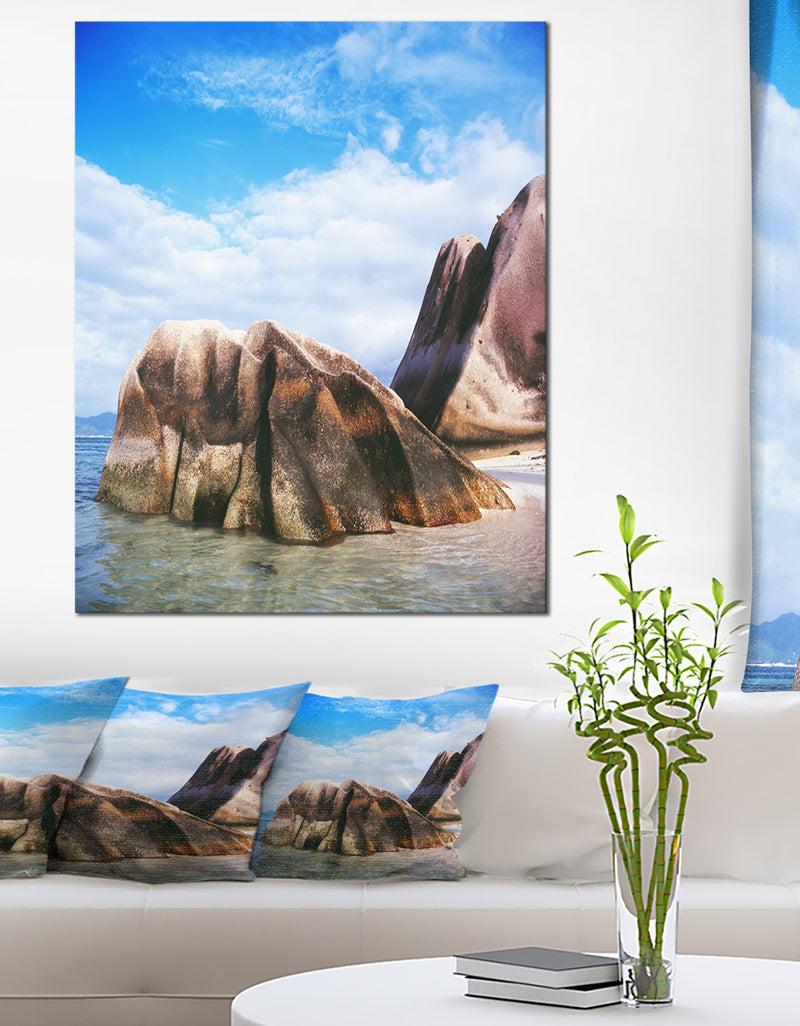 designq Massive Rocks in Seychelles Beach - Modern Seascape Canvas Artwork