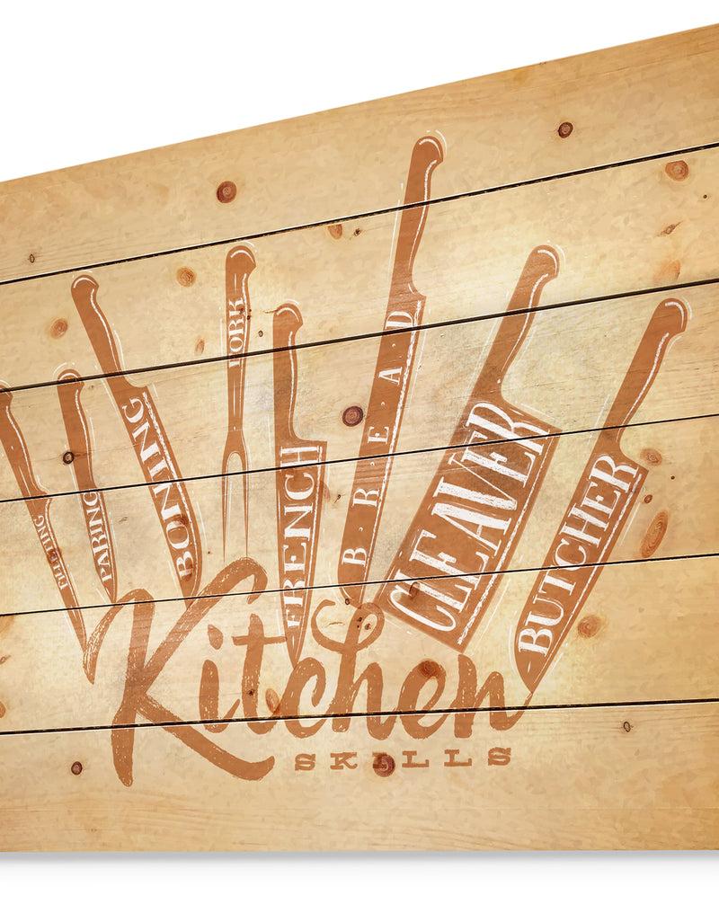 Designq Meat Cutting Knifes Poster Craft - Food Painting Print On Natural Pine Wood