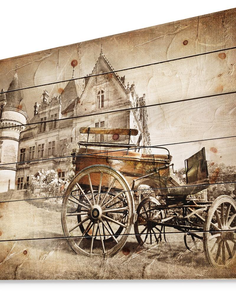 Designq Medieval Castle With Carriage - Vintage Print On Natural Pine Wood