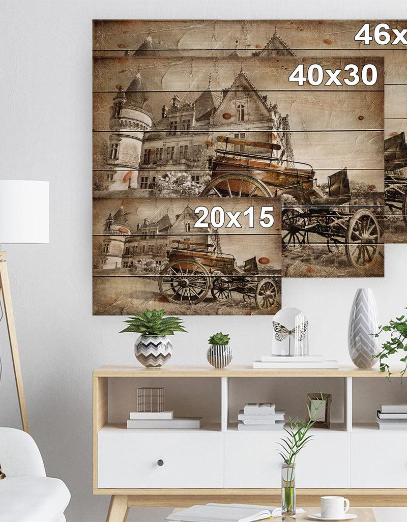 Designq Medieval Castle With Carriage - Vintage Print On Natural Pine Wood