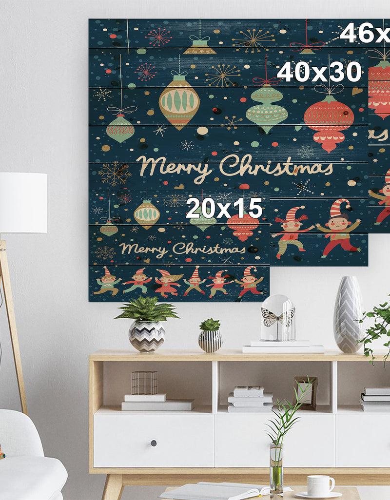 Designq Merry Christmas Dancing Elf Children And Snow Flakes - Print On Natural Pine Wood