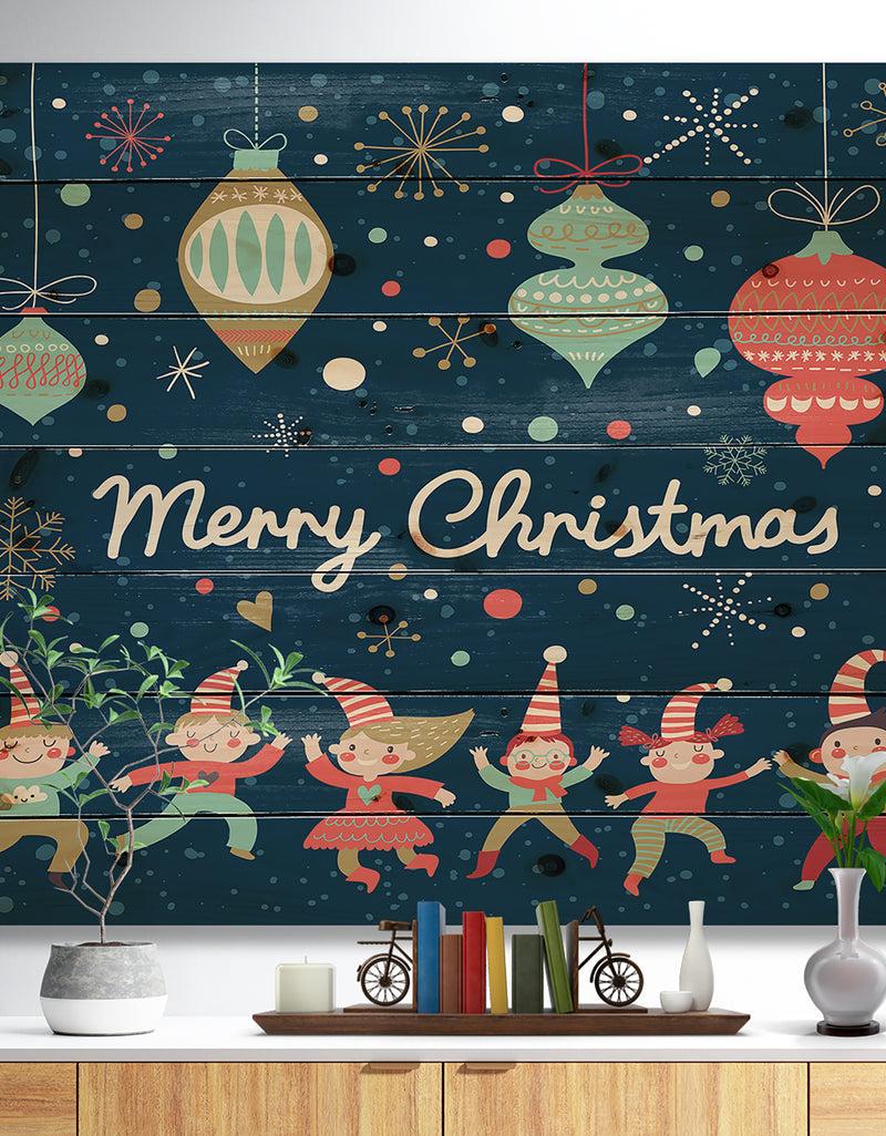 designq Merry Christmas Dancing Elf Children and Snow Flakes - Print on Natural Pine Wood