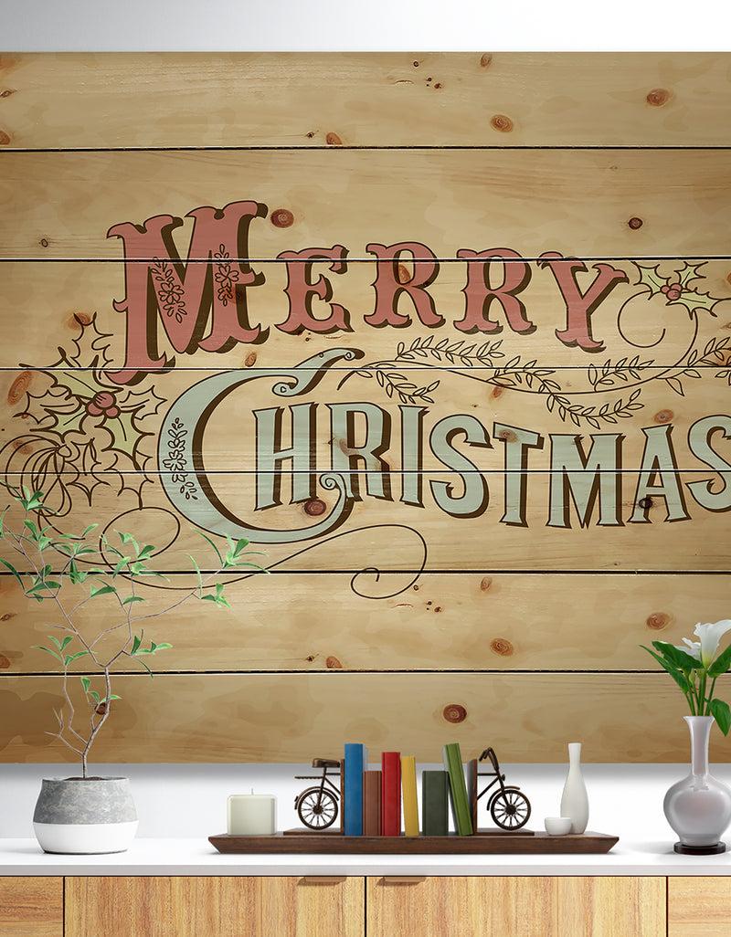 designq Merry Christmas Vintage Wish in Western Font - Print on Natural Pine Wood