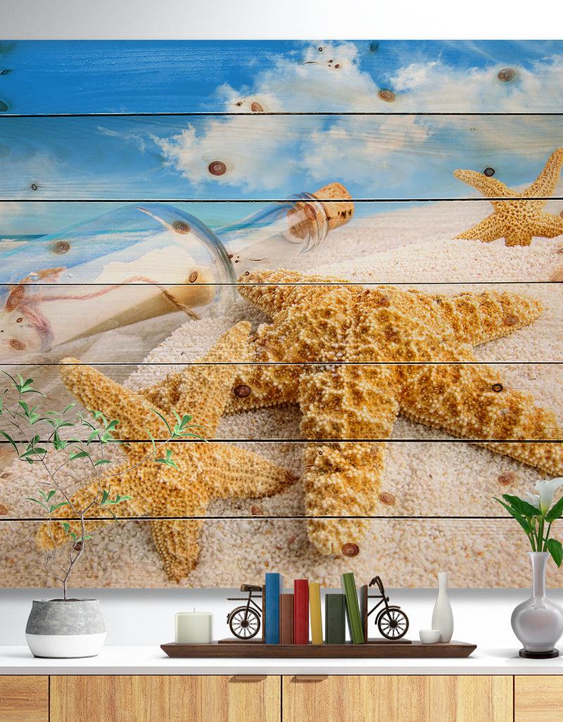 designq Message in Bottle Buried in Sand - Seashore Photo Print on Natural Pine Wood