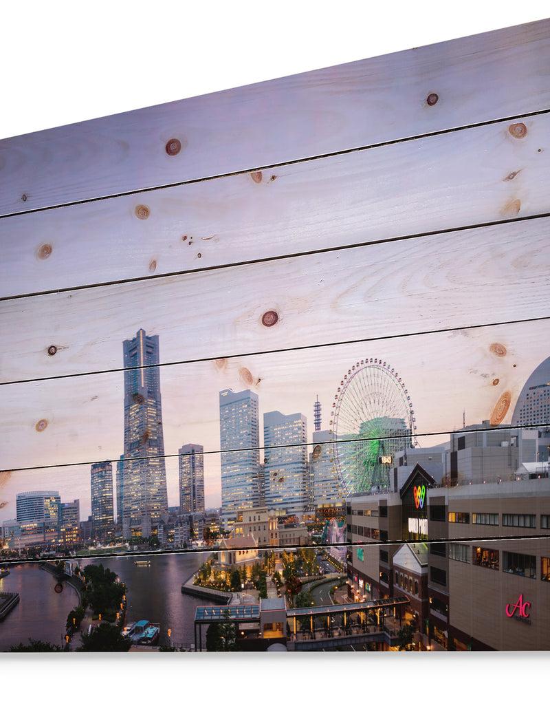 Designq Minato Mirai Yokohama At Twilight - Cityscape Print On Natural Pine Wood