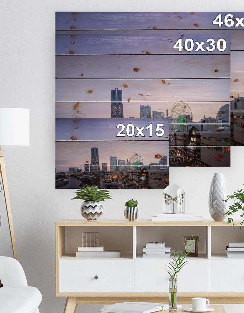 Designq Minato Mirai Yokohama At Twilight - Cityscape Print On Natural Pine Wood