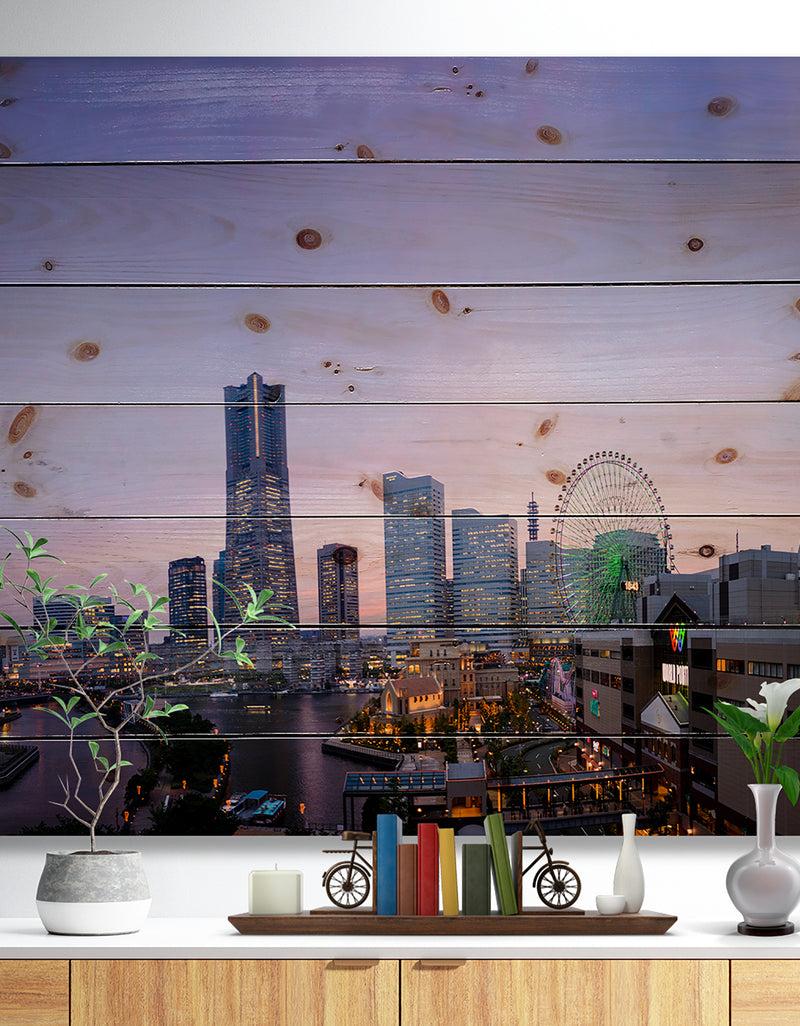 designq Minato Mirai Yokohama at Twilight - Cityscape Print on Natural Pine Wood