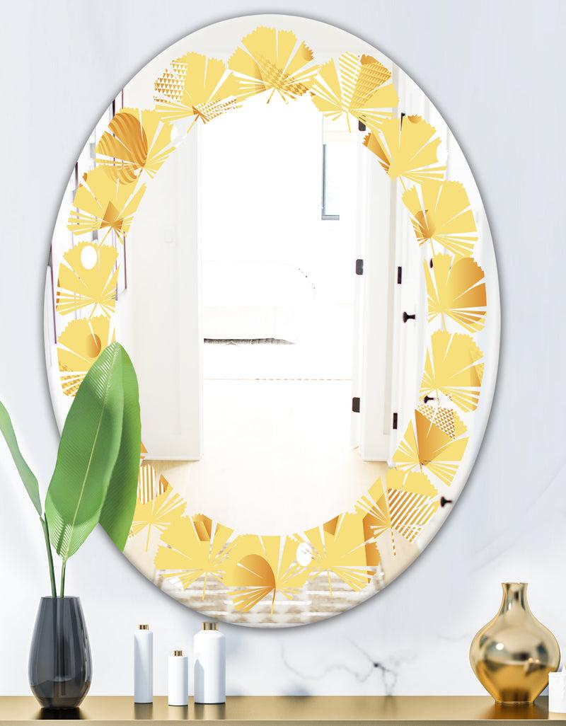 Designq Minimal Yellow Geometrical Shapes - Modern Round Or Oval Wall Mirror - Leaves