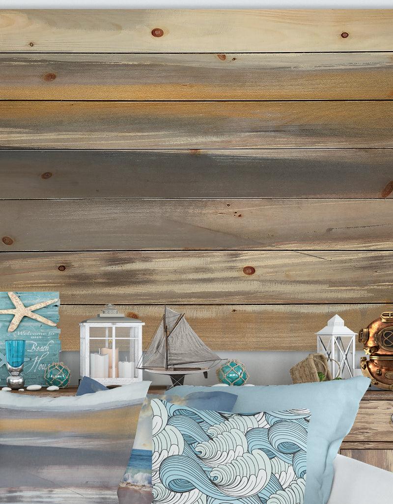 designq Misty Grey Beach - Nautical & Coastal Print on Natural Pine Wood