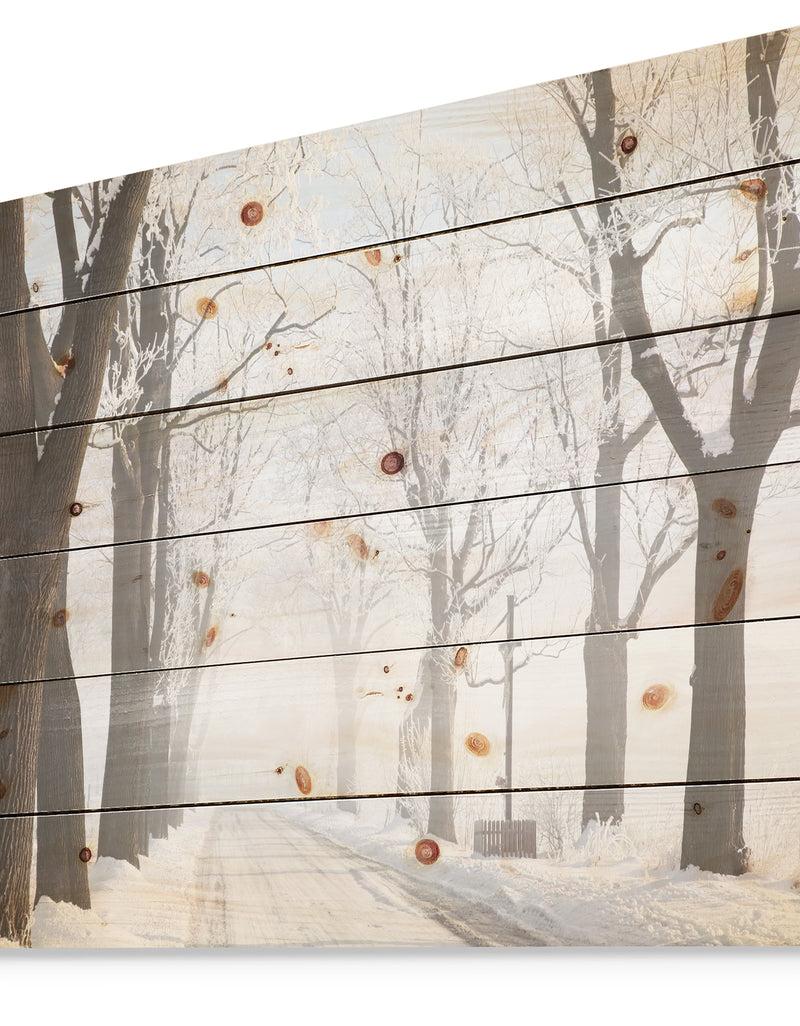 Designq Misty Rural Road In Winter Forest - Forest Print On Natural Pine Wood