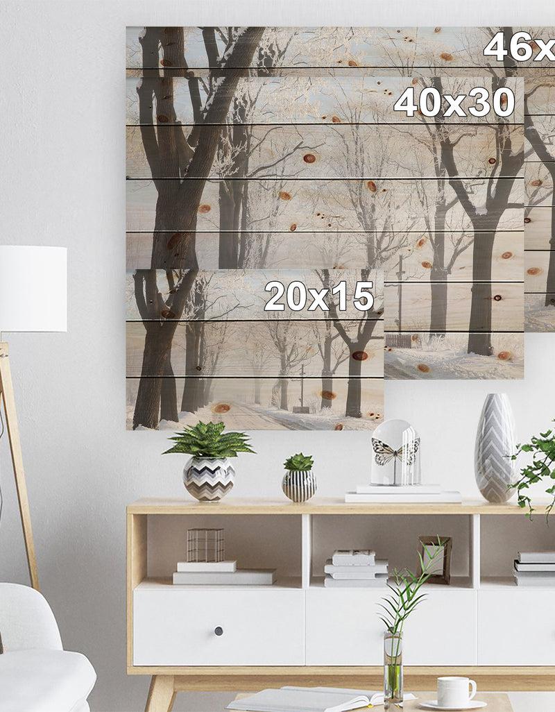 Designq Misty Rural Road In Winter Forest - Forest Print On Natural Pine Wood