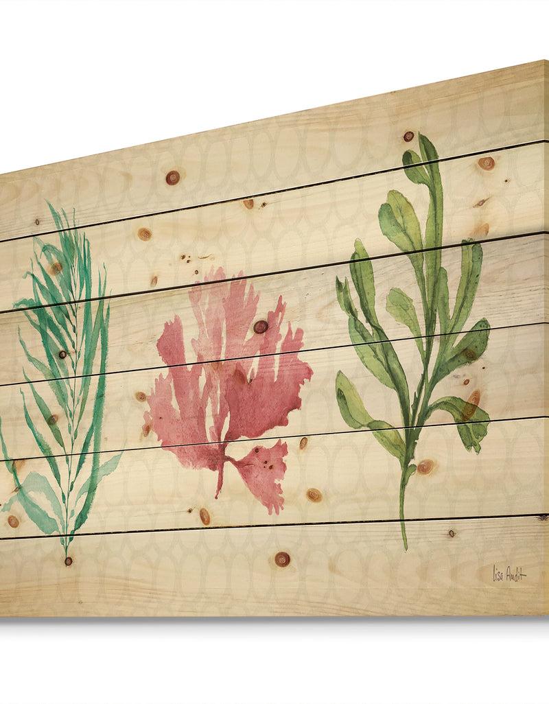 Designq Mixed Botanical Green Leaves II - Farmhouse Print On Natural Pine Wood