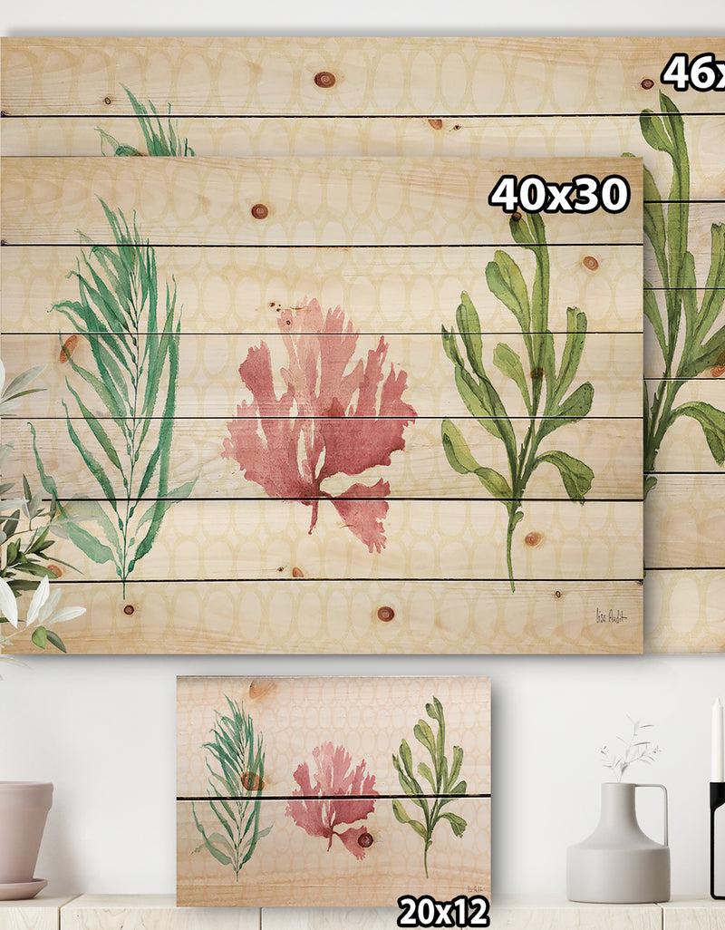 Designq Mixed Botanical Green Leaves II - Farmhouse Print On Natural Pine Wood