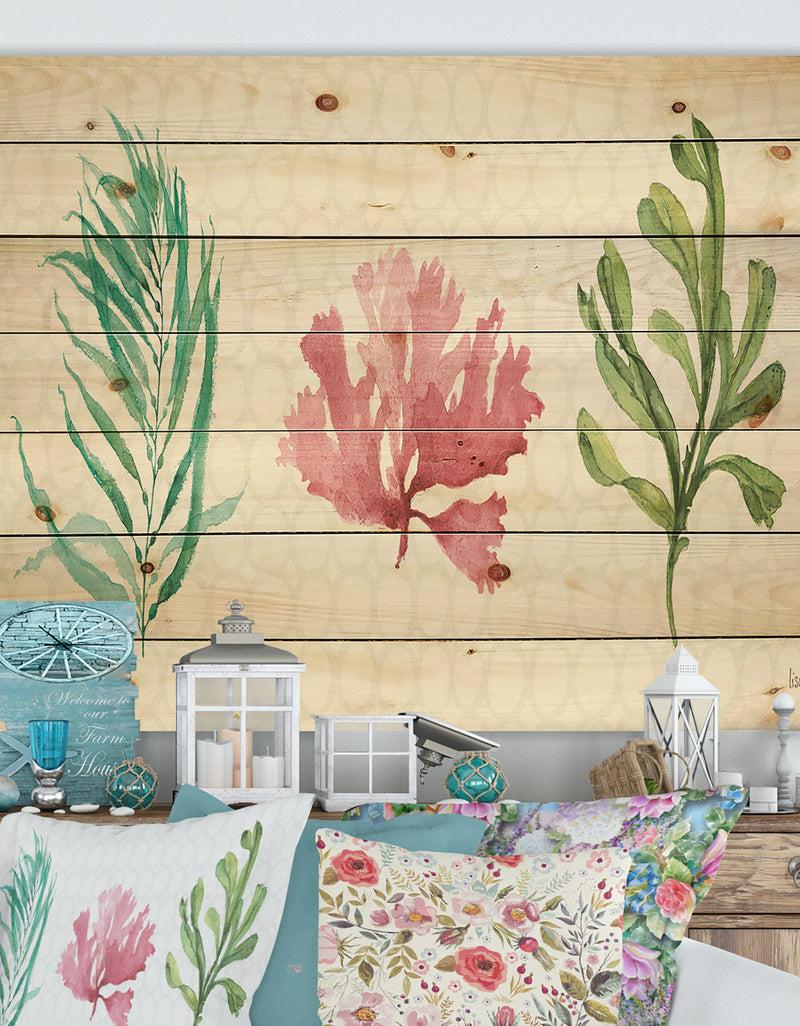 designq Mixed Botanical Green Leaves II - Farmhouse Print on Natural Pine Wood