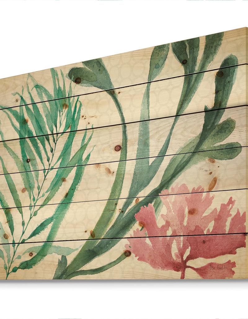 Designq Mixed Botanical Green Leaves III - Farmhouse Print On Natural Pine Wood
