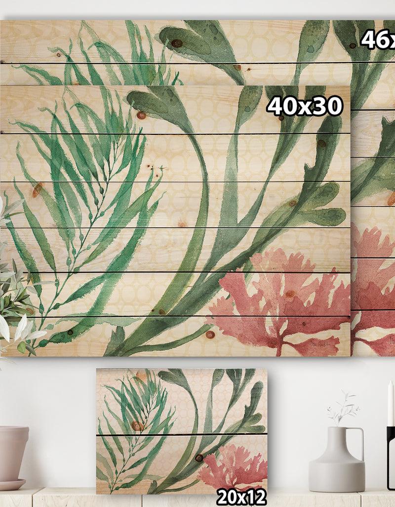 Designq Mixed Botanical Green Leaves III - Farmhouse Print On Natural Pine Wood