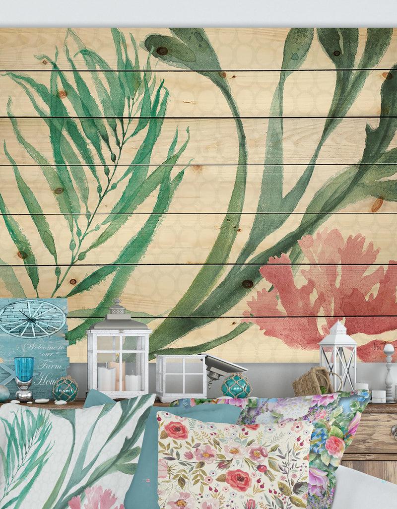 designq Mixed Botanical Green Leaves III - Farmhouse Print on Natural Pine Wood
