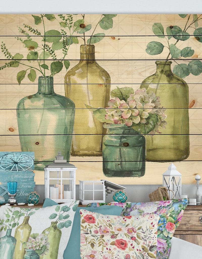 designq Mixed Botanical Green Leaves VIII - Cottage Print on Natural Pine Wood