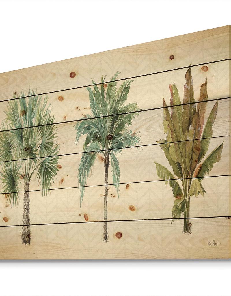 Designq Mixed Botanical Greens Palms I - Farmhouse Print On Natural Pine Wood