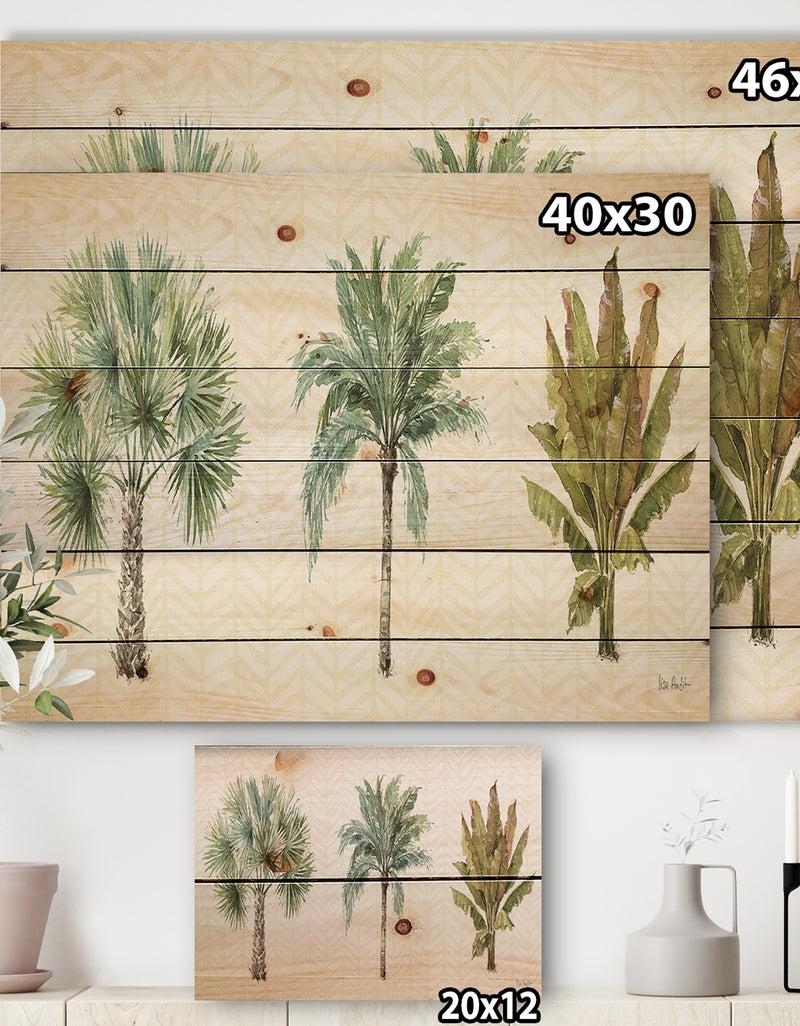 Designq Mixed Botanical Greens Palms I - Farmhouse Print On Natural Pine Wood