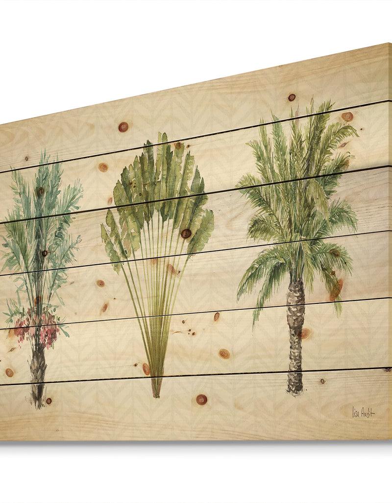 Designq Mixed Botanical Greens Palms II - Farmhouse Print On Natural Pine Wood