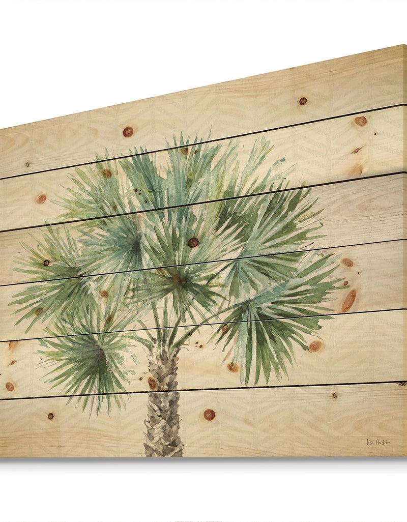 Designq Mixed Botanical Greens Palms III - Farmhouse Print On Natural Pine Wood