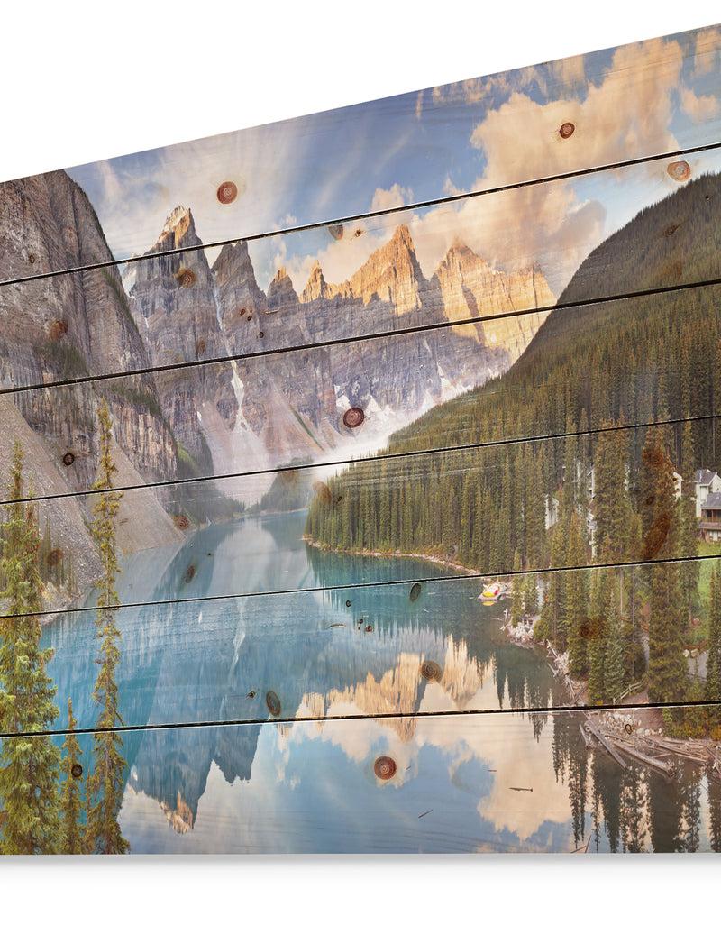 Designq Moraine Lake In Banff Park Canada - Landscape Print On Natural Pine Wood