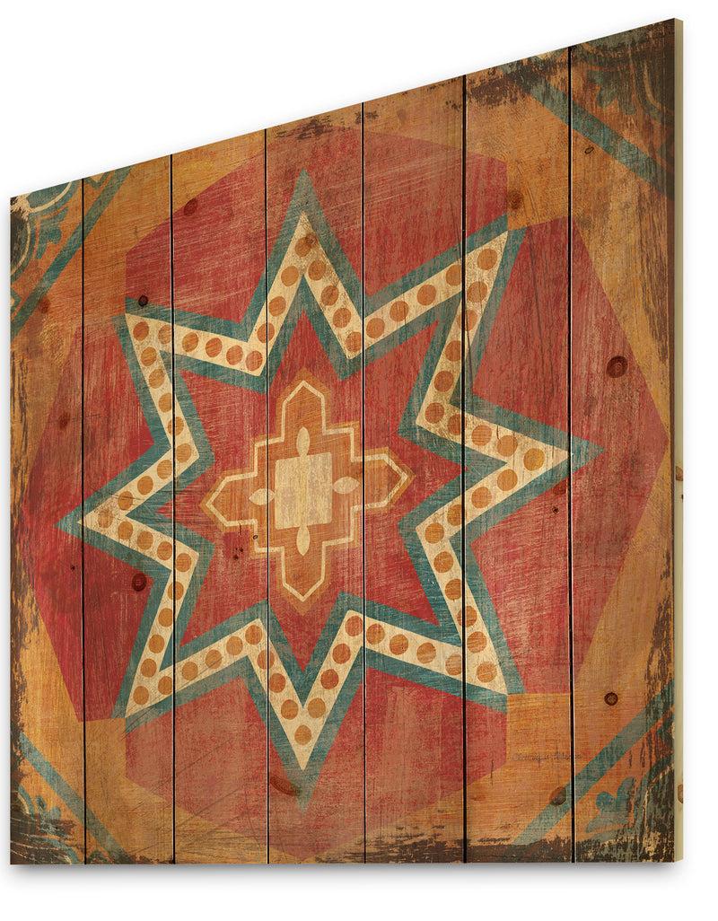 Designq Moroccan Orange Tiles Collage I - Bohemian Chic Print On Natural Pine Wood