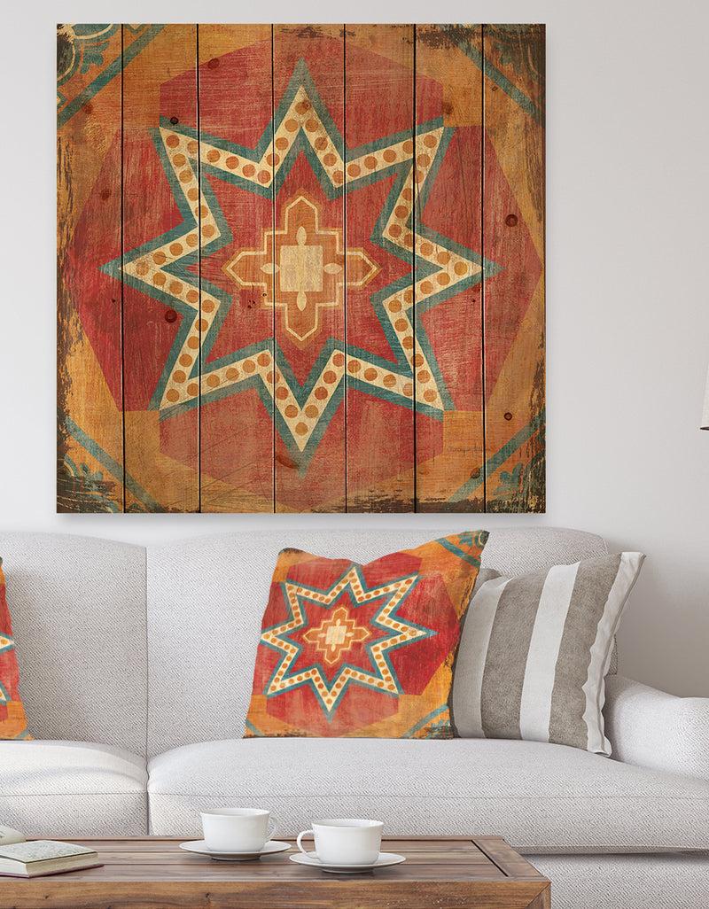 designq Moroccan Orange Tiles Collage I - Bohemian Chic Print on Natural Pine Wood