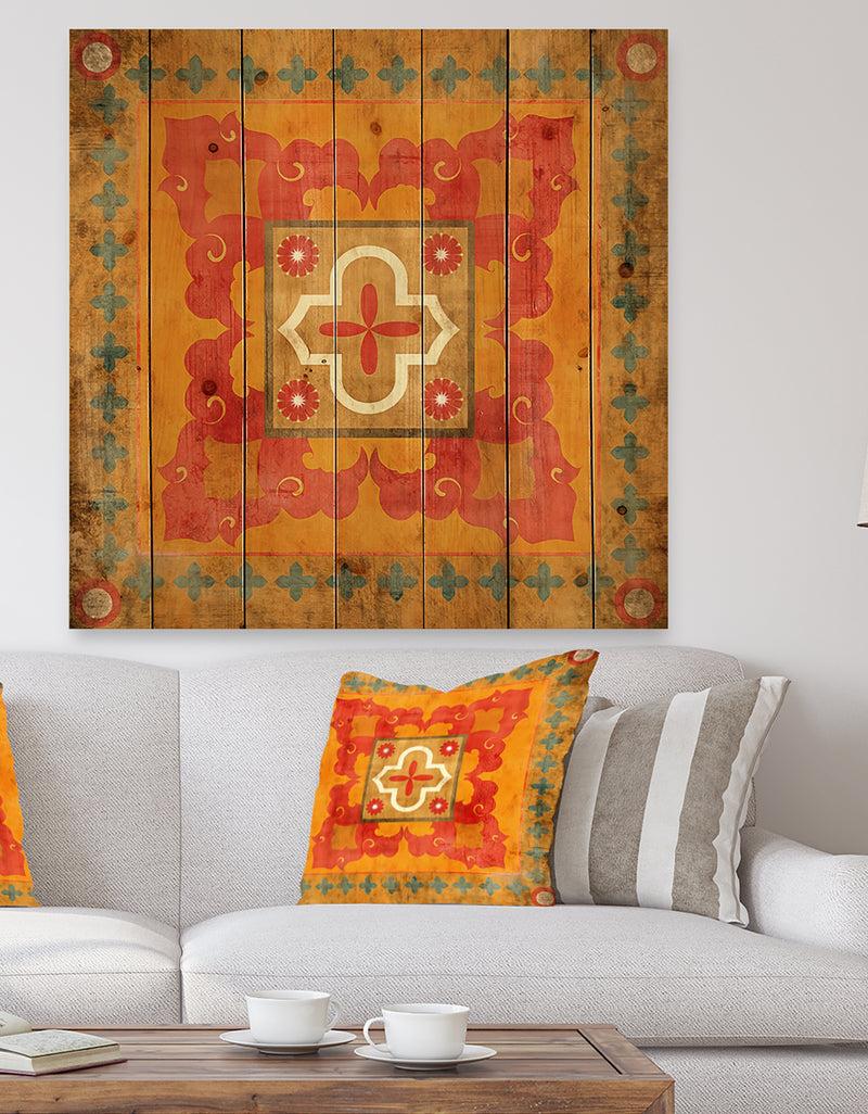designq Moroccan Orange Tiles Collage II - Bohemian Chic Print on Natural Pine Wood