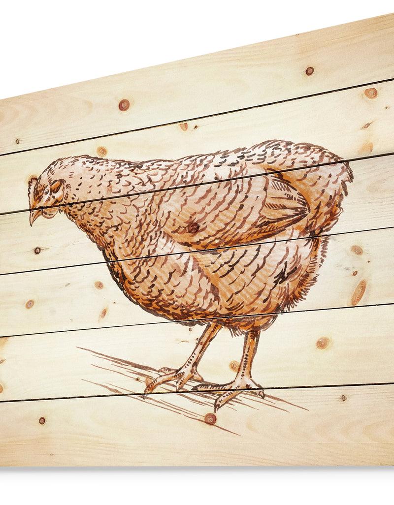 Designq Mother Hen In Engrave Ink Draw - Farmhouse Animal Painting Print On Natural Pine Wood