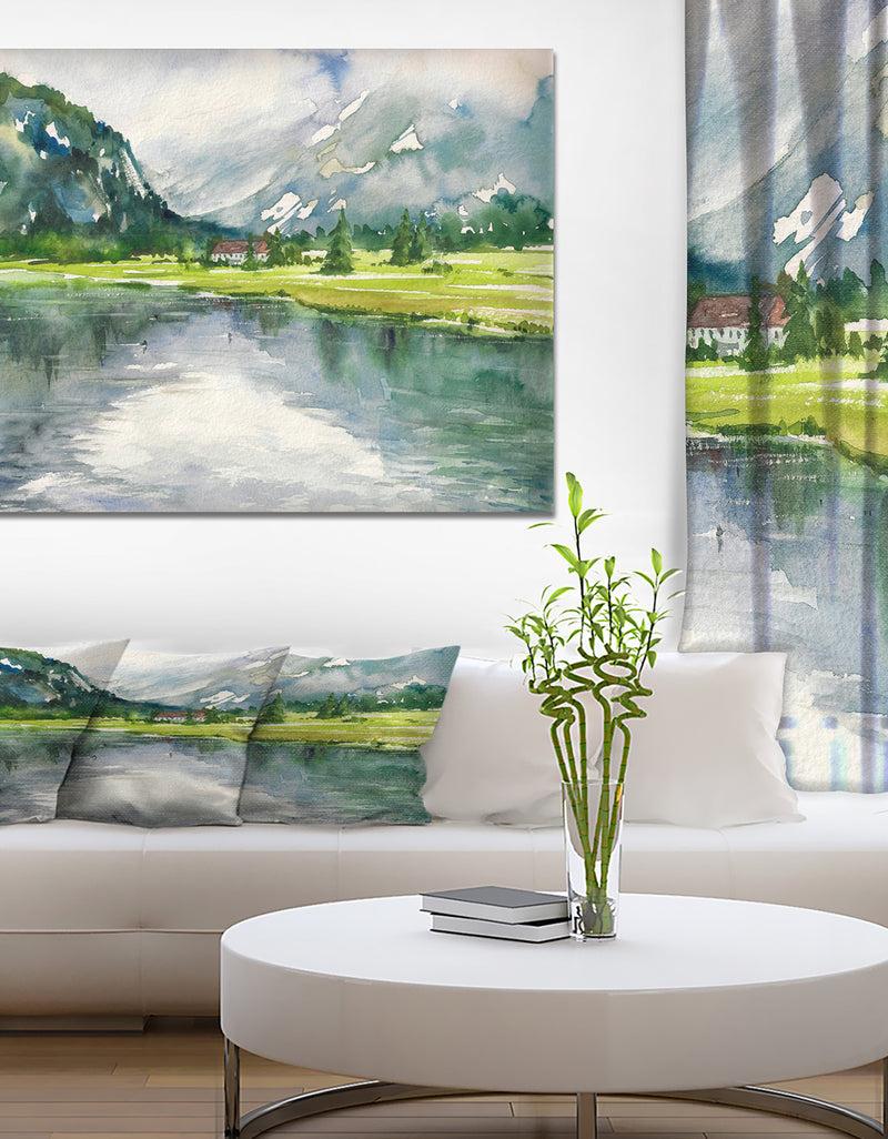 designq Mountain and Lake in Autumn - Landscapes Painting Print on Wrapped Canvas