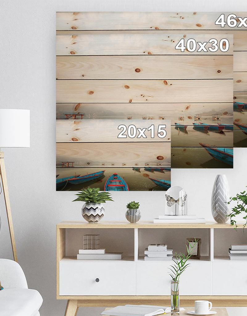 Designq Moving Boats In Mountain Lake - Boat Print On Natural Pine Wood